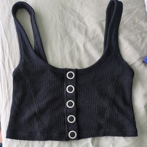 Free People Black Ribbed Button-Front Crop Top